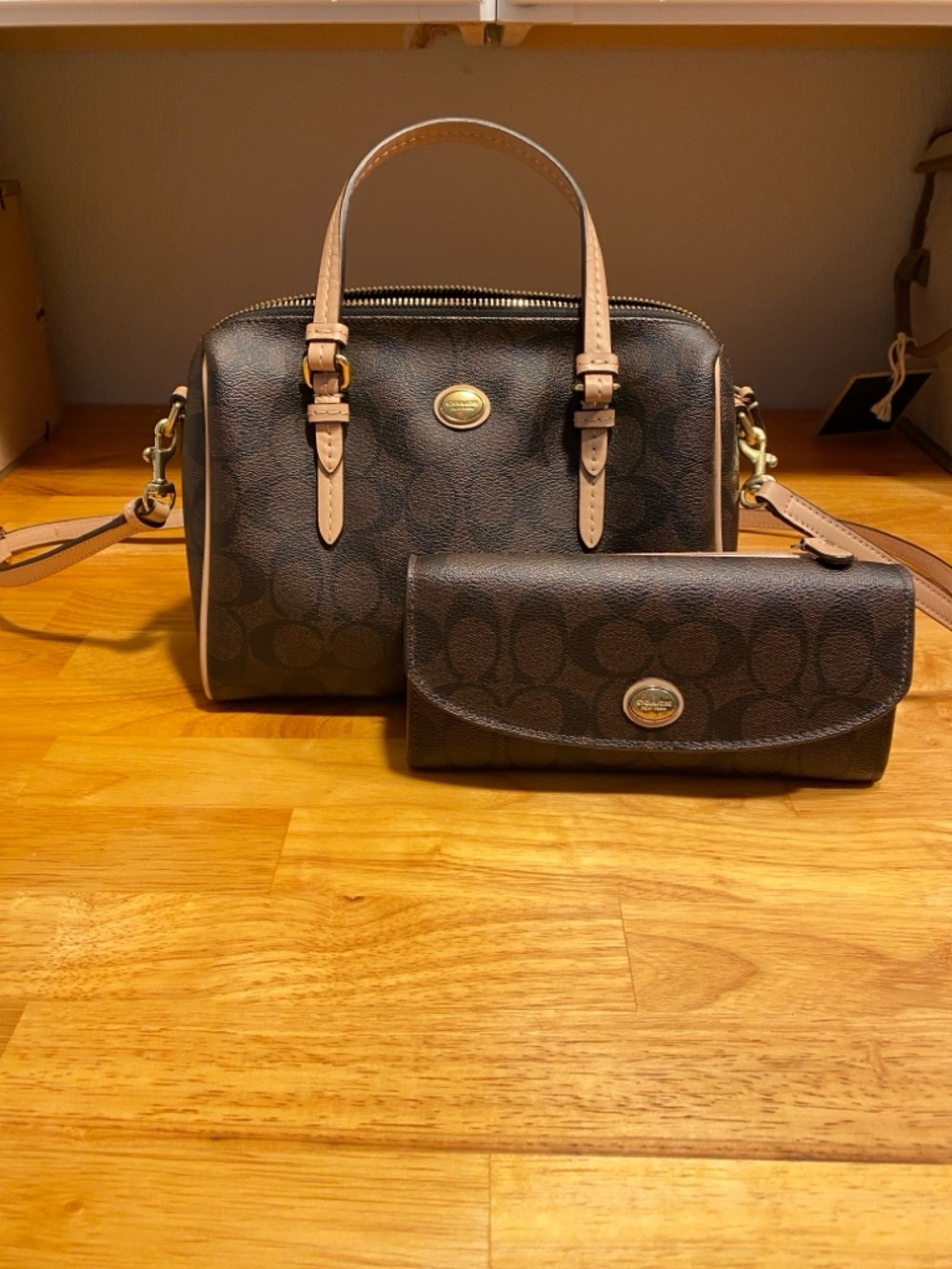 Brown and Light Tan Signature Dome Satchel & Matching Wallet